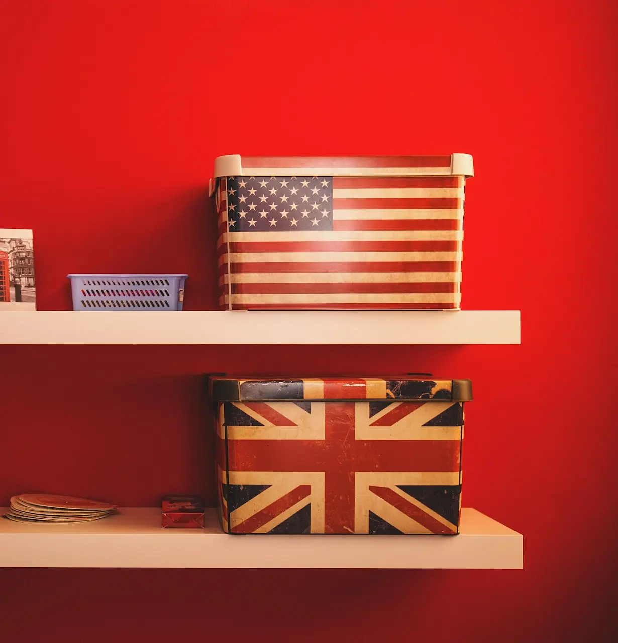 two gift boxes on floating shelf
